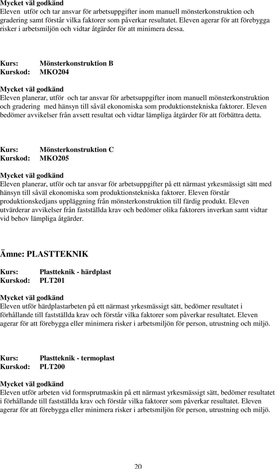 Mönsterkonstruktion B MKO204 Eleven planerar, utför och tar ansvar för arbetsuppgifter inom manuell mönsterkonstruktion och gradering med hänsyn till såväl ekonomiska som produktionstekniska faktorer.