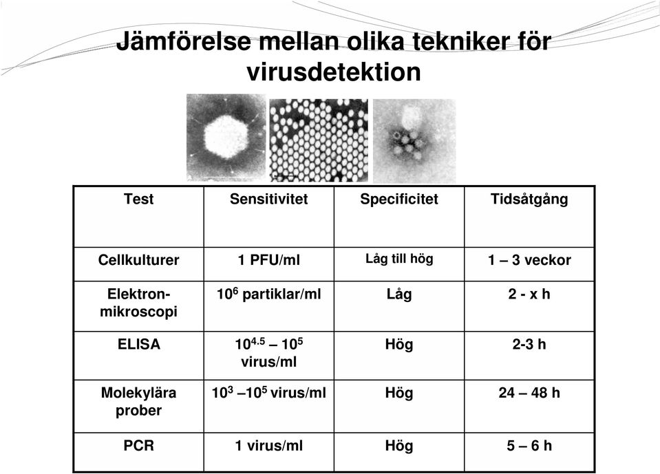 Elektronmikroscopi 10 6 partiklar/ml Låg 2 - x h ELISA 10 4.