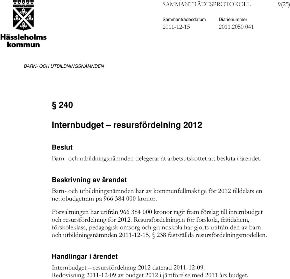 Förvaltningen har utifrån 966 384 000 kronor tagit fram förslag till internbudget och resursfördelning för 2012.