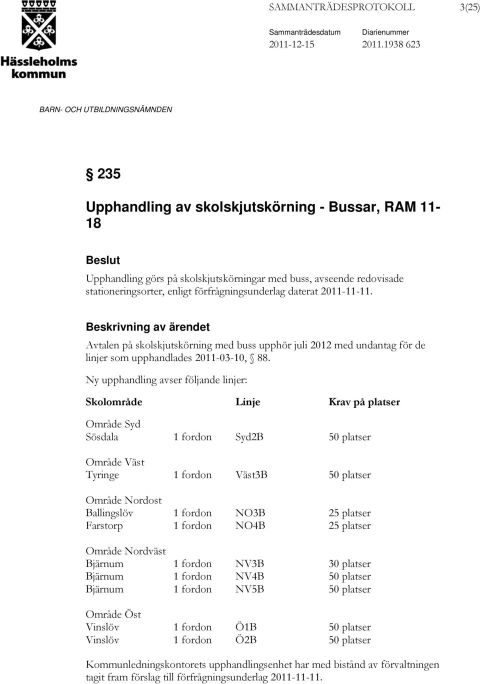 2011-11-11. Beskrivning av ärendet Avtalen på skolskjutskörning med buss upphör juli 2012 med undantag för de linjer som upphandlades 2011-03-10, 88.