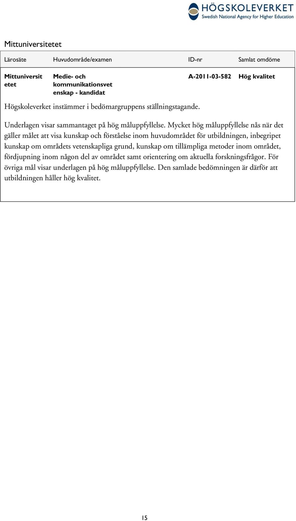 Mycket hög måluppfyllelse nås när det gäller målet att visa kunskap och förståelse inom huvudområdet för utbildningen, inbegripet kunskap om områdets vetenskapliga grund,