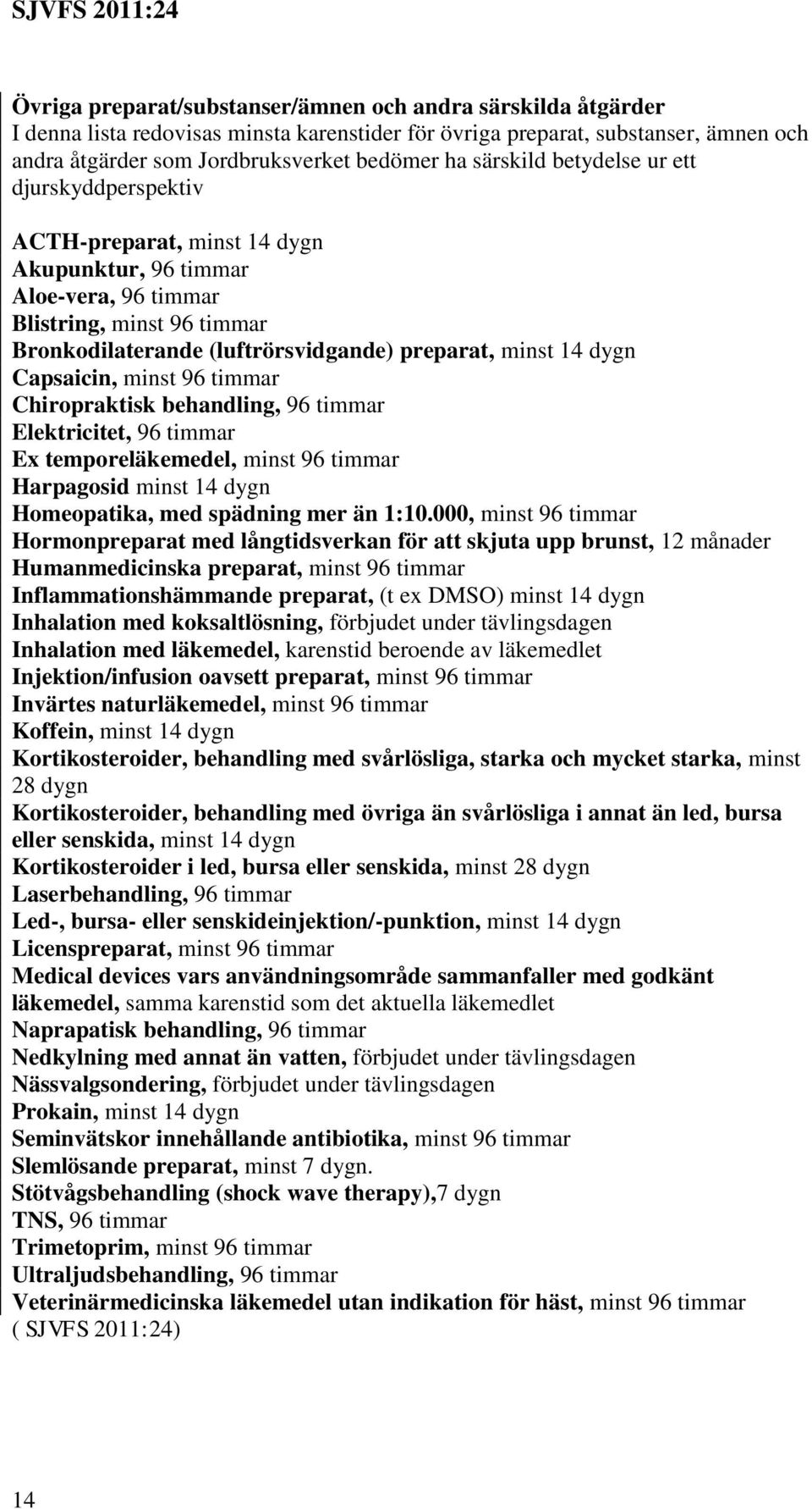 14 dygn Capsaicin, minst 96 timmar Chiropraktisk behandling, 96 timmar Elektricitet, 96 timmar Ex temporeläkemedel, minst 96 timmar Harpagosid minst 14 dygn Homeopatika, med spädning mer än 1:10.