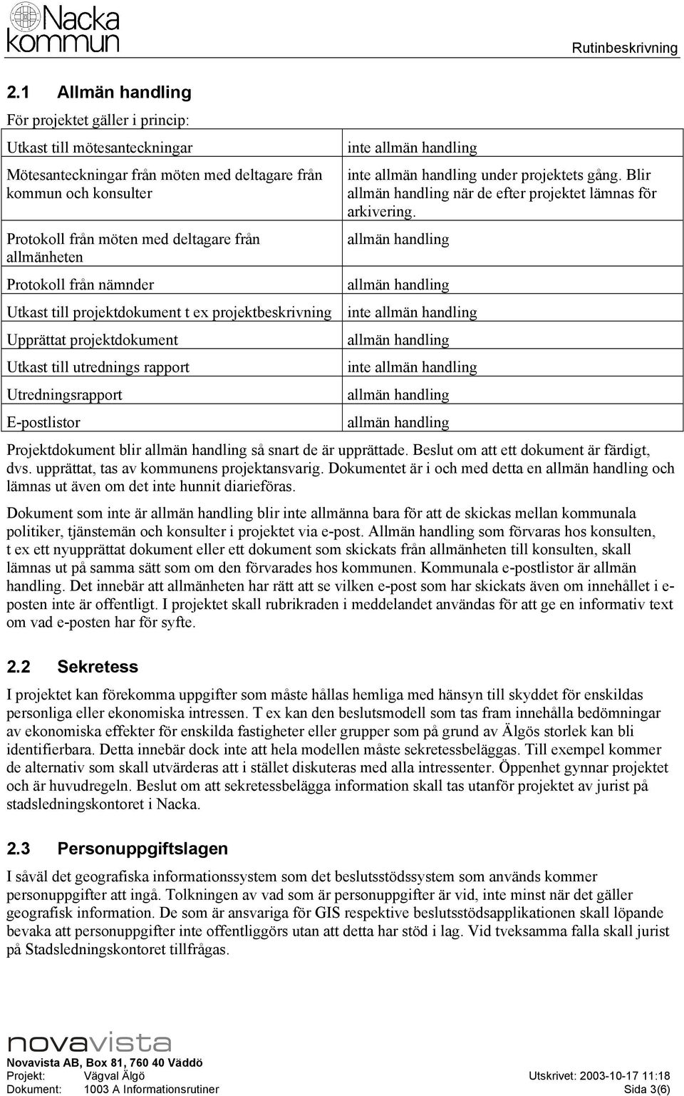 Utkast till projektdokument t ex projektbeskrivning inte Upprättat projektdokument Utkast till utrednings rapport Utredningsrapport E-postlistor inte Projektdokument blir så snart de är upprättade.