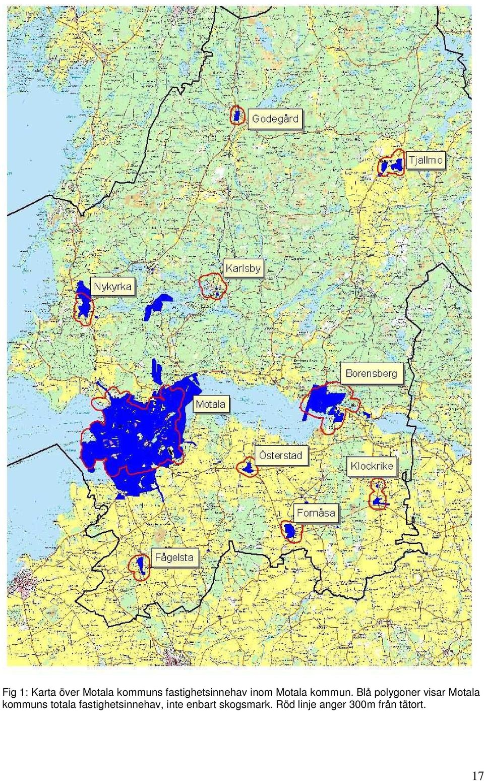 Blå polygoner visar Motala kommuns totala