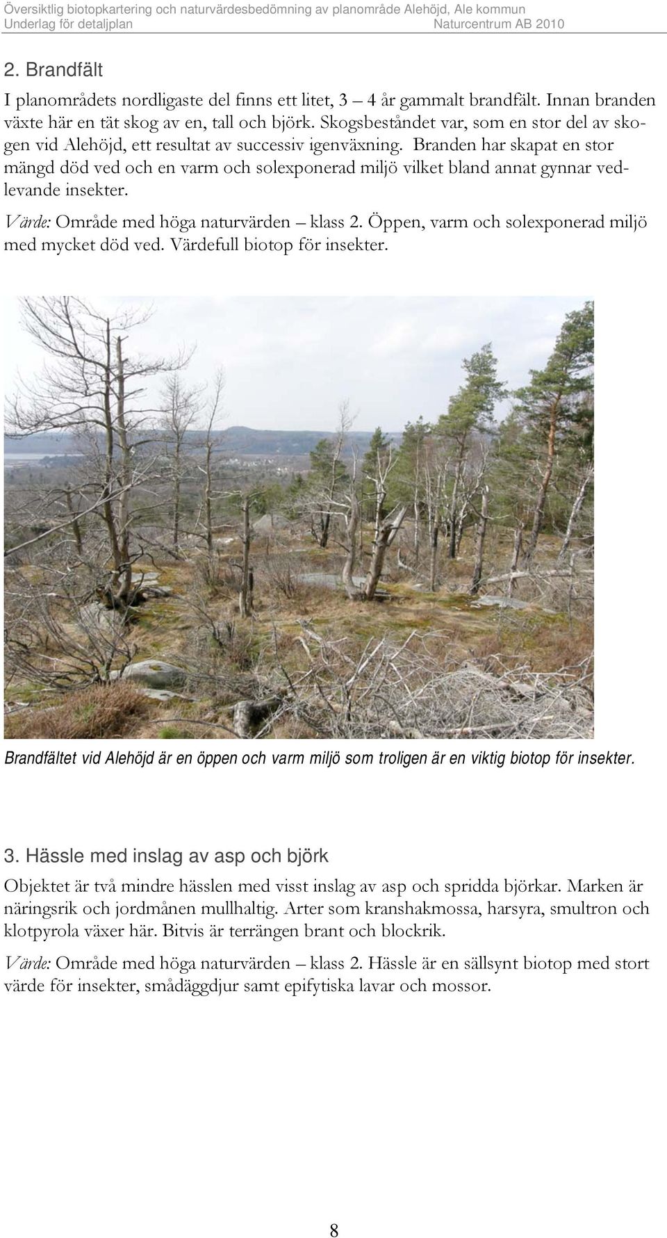 Branden har skapat en stor mängd död ved och en varm och solexponerad miljö vilket bland annat gynnar vedlevande insekter. Värde: Område med höga naturvärden klass 2.