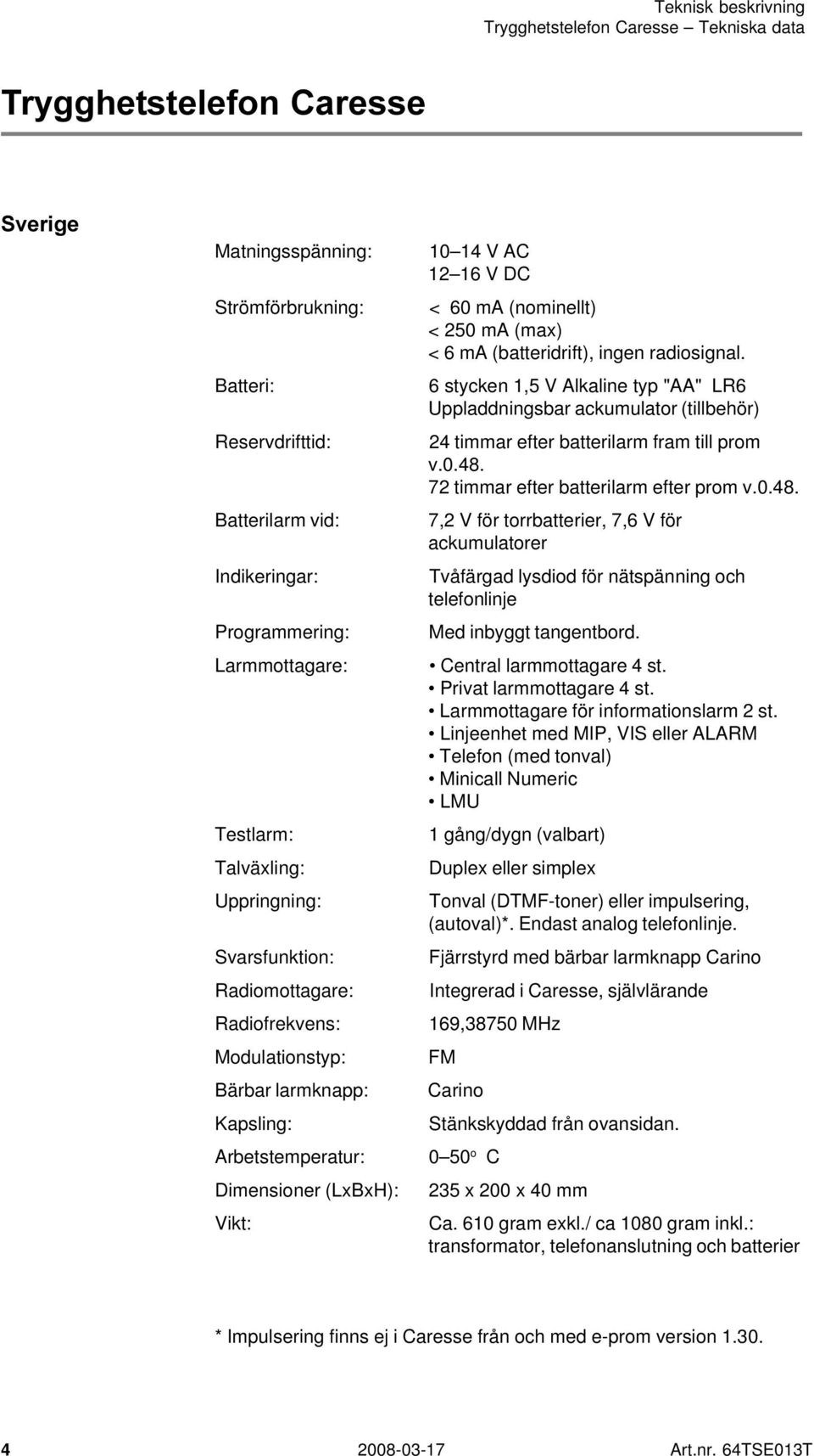 (batteridrift), ingen radiosignal. 6 stycken 1,5 V Alkaline typ "AA" LR6 Uppladdningsbar ackumulator (tillbehör) 24 timmar efter batterilarm fram till prom v.0.48.