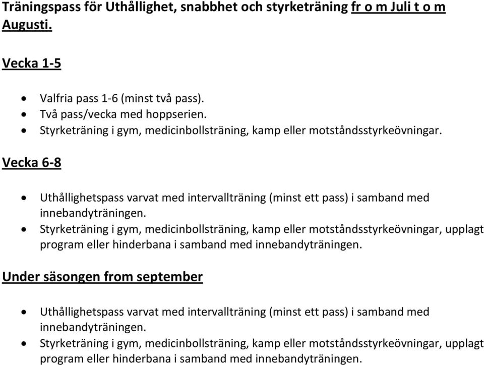 Styrketräning i gym, medicinbollsträning, kamp eller motståndsstyrkeövningar, upplagt program eller hinderbana i samband med innebandyträningen.