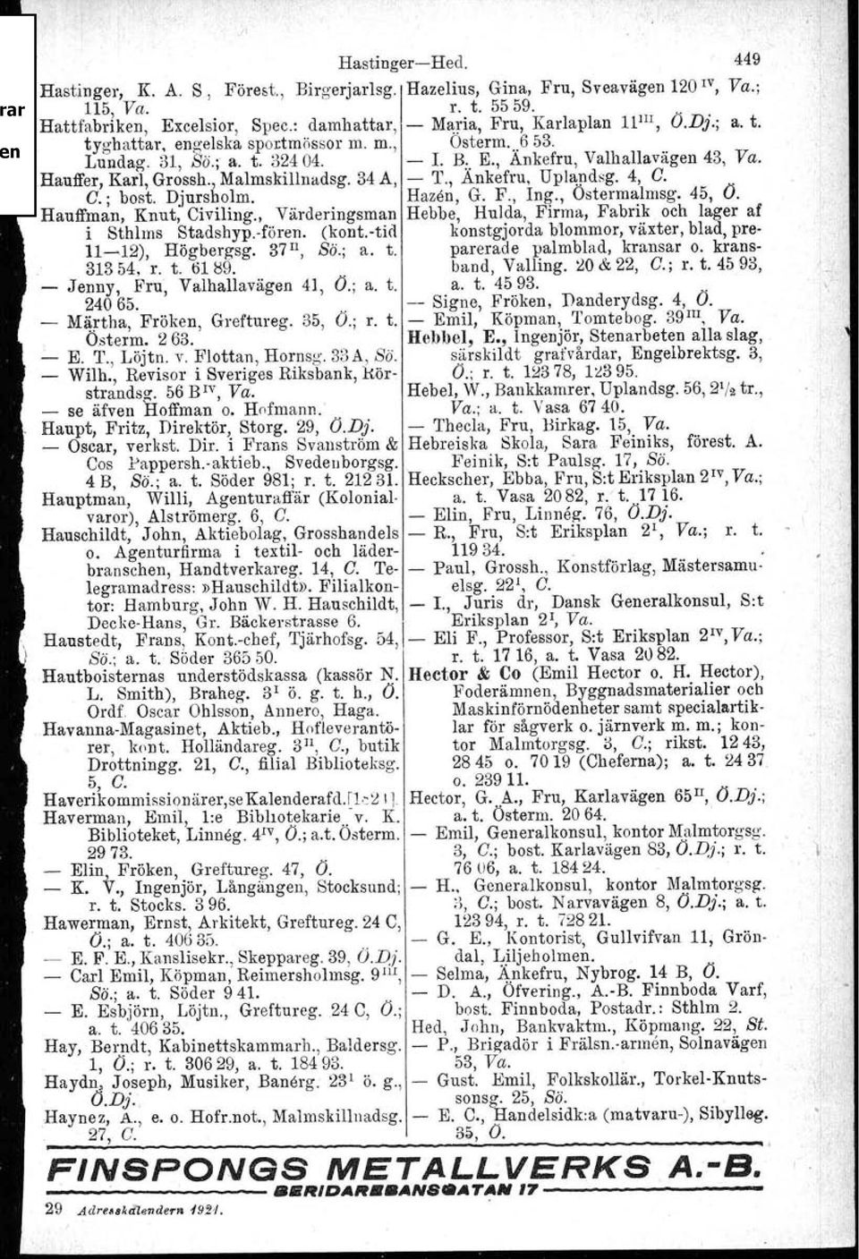 Djursbolm. 34 A, - T., Änkefru, Uplandsg. 4, C. Hazen, G. F., Ing., Östermalmsg. 45, O. Hauffman, Knut, Civiling., Värderingsman Hebbe, Hulda, Firma, Fabrik och lager af i Sthlms Stadshyp.-fören.