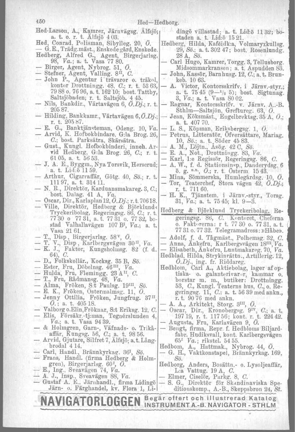 Vasa 7780. - Carl Hugo, Kamrer, Torgg. 3, Tellusborg. - Birger, Agent, Nybrog. 51, O. Midsommarkransen ; a. t. Aspudden 83. - Stefner, Agent, Valling. 8 1I, C. - John, Kassör, Barnhusg.12, C.; a. t. Brun- - John P.