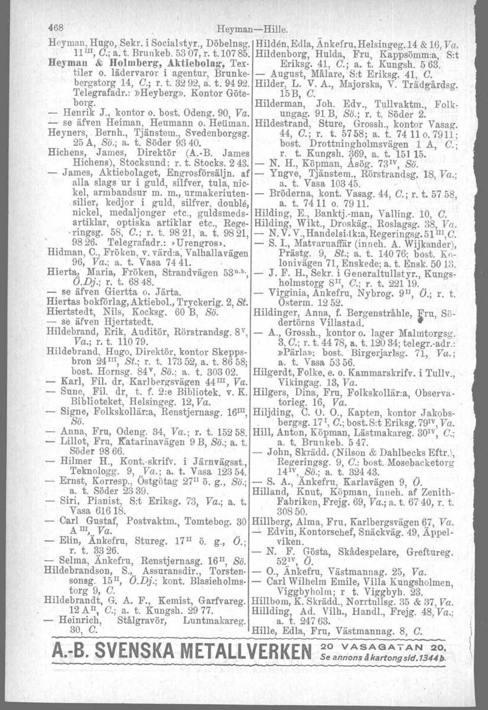 ; r. t: 3292, a. t. 9492. Hilder, L. V. A., Majorska, V. Trädgårdsg. Telegrafadr.:»Heyberg». Kontor Göte- 15B, C. borg. Hilderman, Joh. Edv., Tullvaktm., Folk- - Henrik J., kontor o. bost, Odeng.