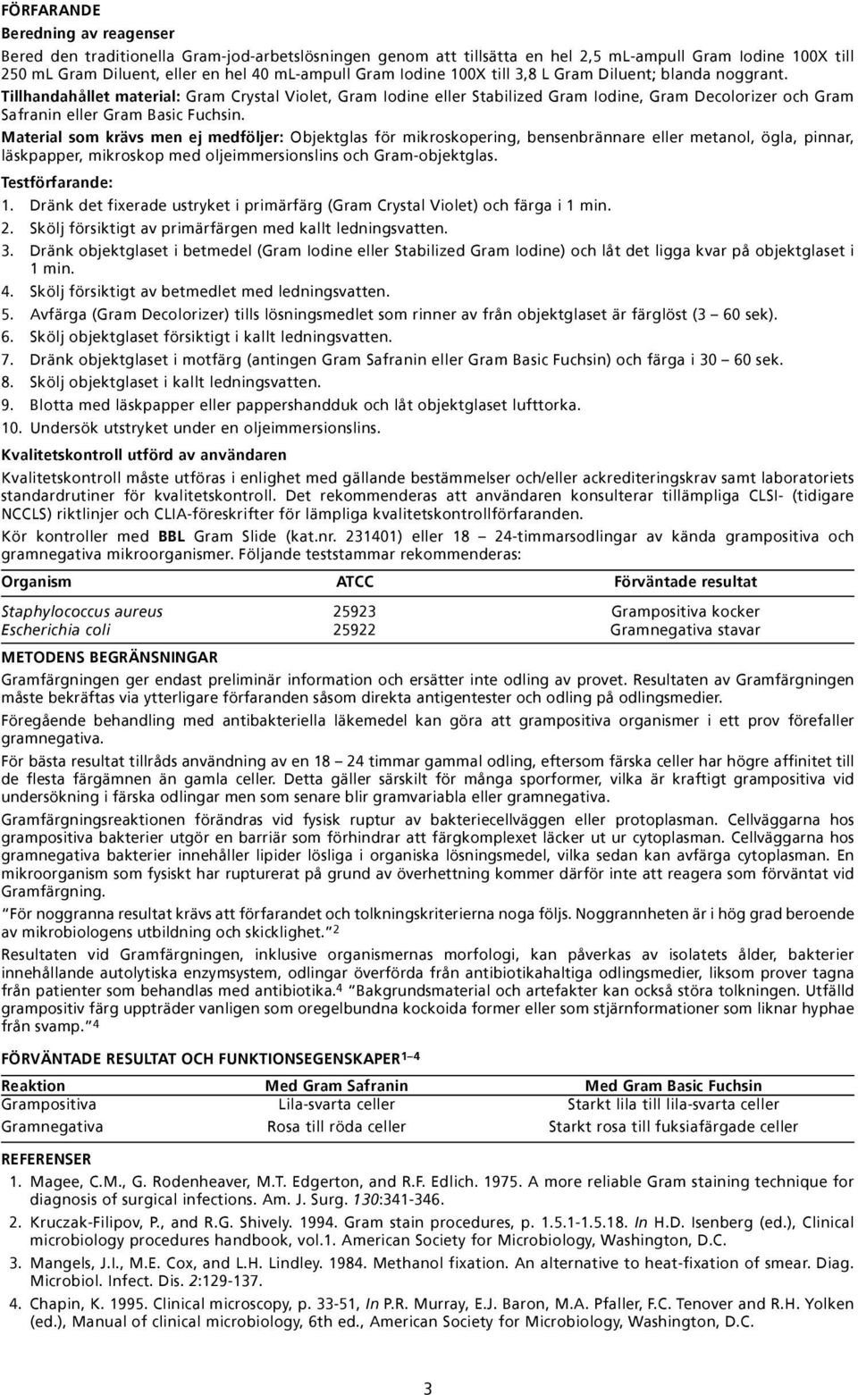 Material som krävs men ej medföljer: Objektglas för mikroskopering, bensenbrännare eller metanol, ögla, pinnar, läskpapper, mikroskop med oljeimmersionslins och Gram-objektglas. Testförfarande: 1.