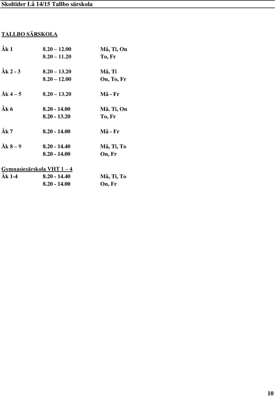 20-14.00 Må. Ti, On 8.20-13.20 To, Fr Åk 7 8.20-14.00 Må - Fr Åk 8 9 8.20-14.40 Må, Ti, To 8.