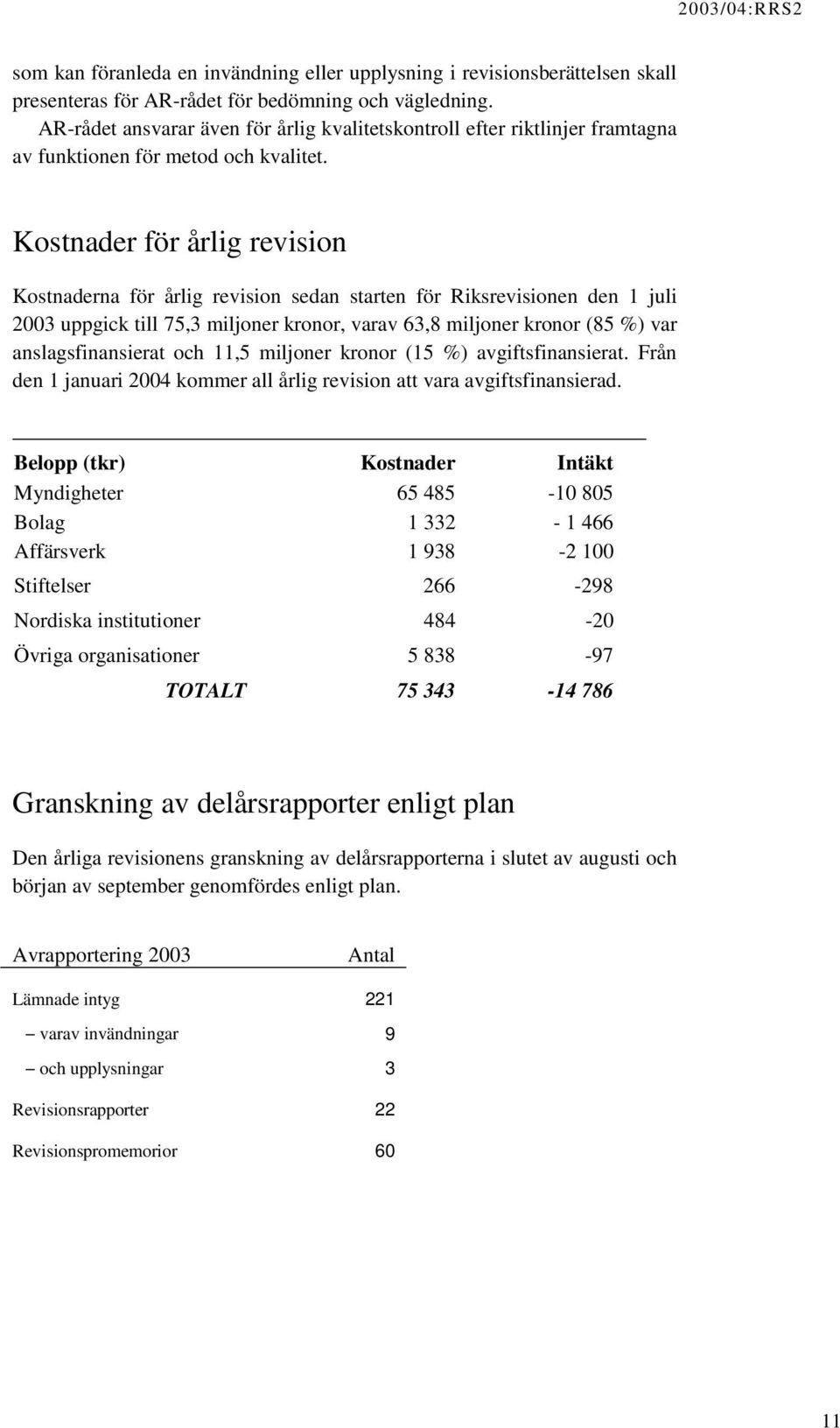 Kostnader för årlig revision Kostnaderna för årlig revision sedan starten för Riksrevisionen den 1 juli 2003 uppgick till 75,3 miljoner kronor, varav 63,8 miljoner kronor (85 %) var