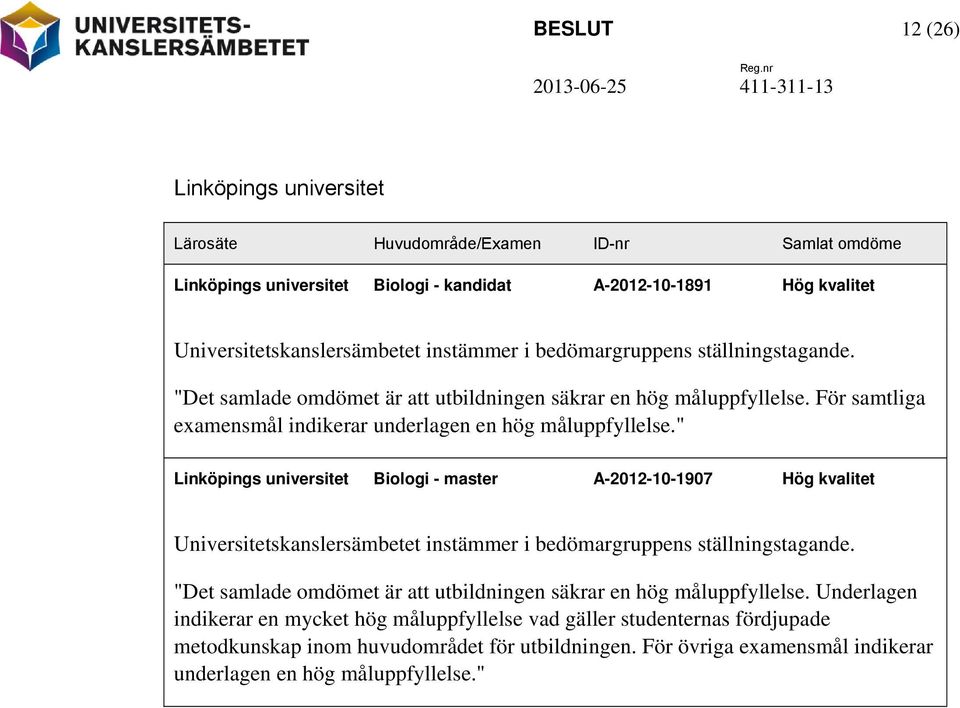 " Linköpings universitet Biologi - master A-2012-10-1907 Hög kvalitet Universitetskanslersämbetet instämmer i bedömargruppens ställningstagande.