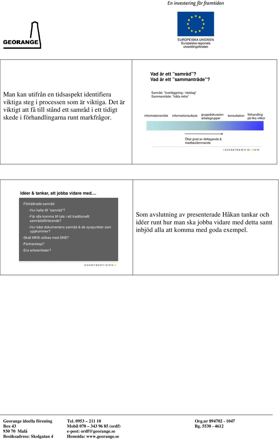 Samråd: överläggning / rådslag Sammanträde: hålla möte informationsmöte informationsutbyte gruppdiskussion arbetsgrupper konsultation förhandling på lika villkor Ökat grad av deltagande &