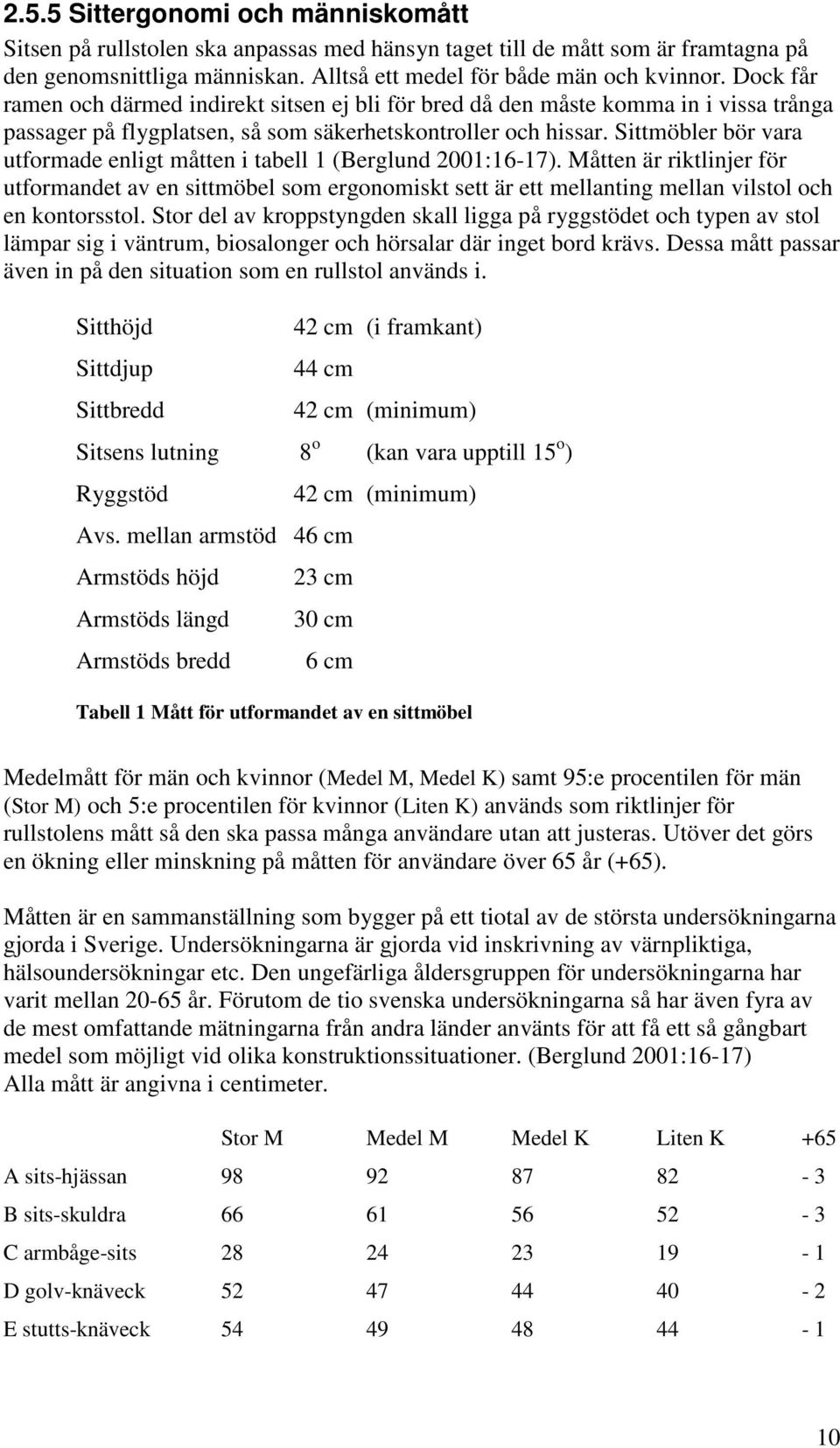 Sittmöbler bör vara utformade enligt måtten i tabell 1 (Berglund 2001:16-17).