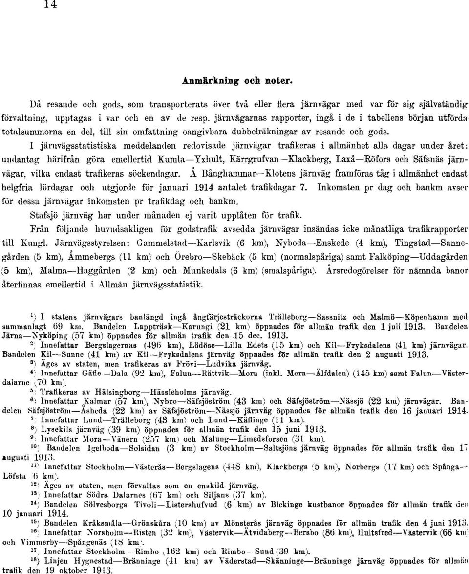 I järnvägsstatistiska meddelanden redovisade järnvägar trafikeras i allmänhet alla dagar under året; undantag härifrån göra emellertid Kumla Yxhult, Kärrgrufvan Klackberg, Laxå Röfors och Säfsnäs