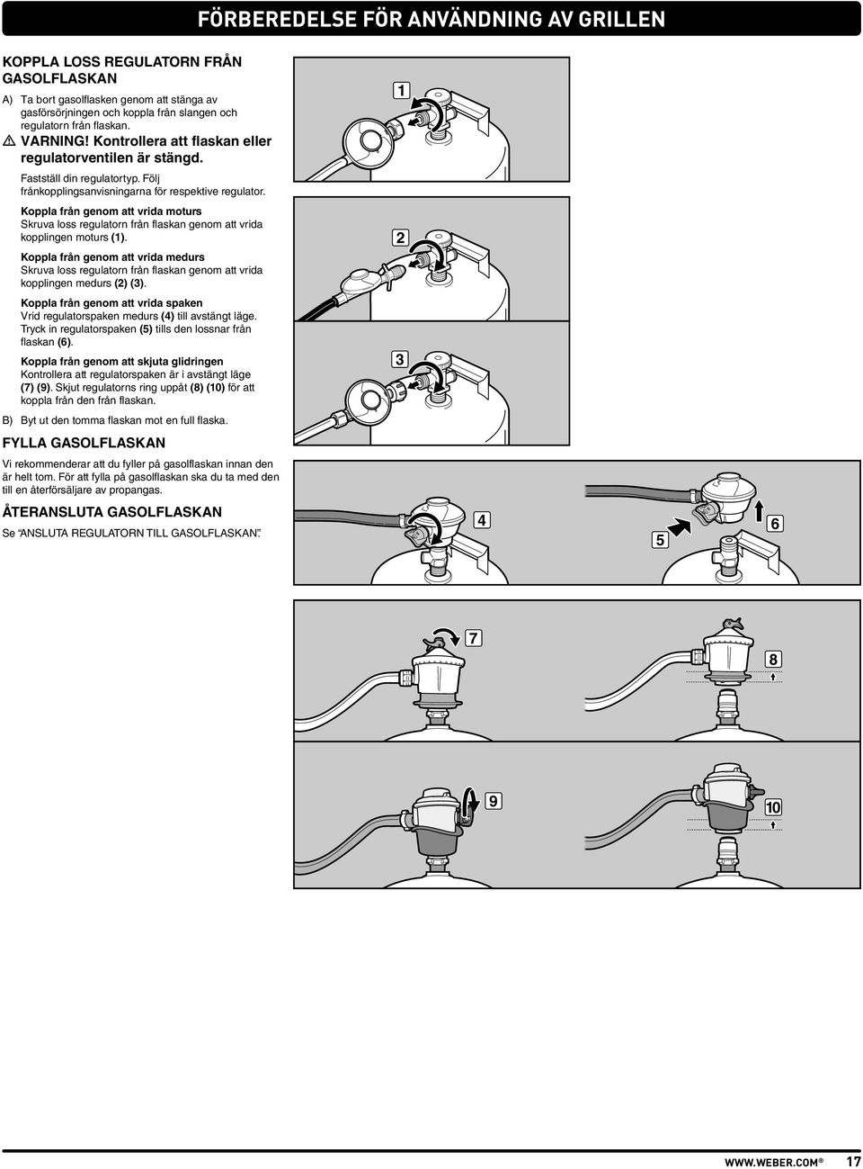 Koppla från genom att vrida moturs Skruva loss regulatorn från flaskan genom att vrida kopplingen moturs ().