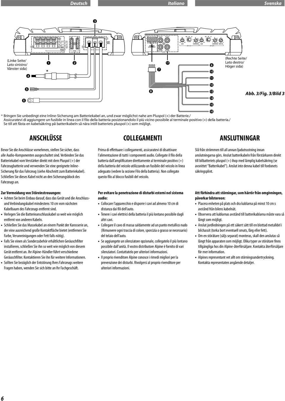 / Se till att fästa en kabelsäkring på batterikabeln så nära intill batteriets pluspol (+) som möjligt. g q i j k (Rechte Seite/ Lato destro/ Höger sida) Abb. 3/Fig.