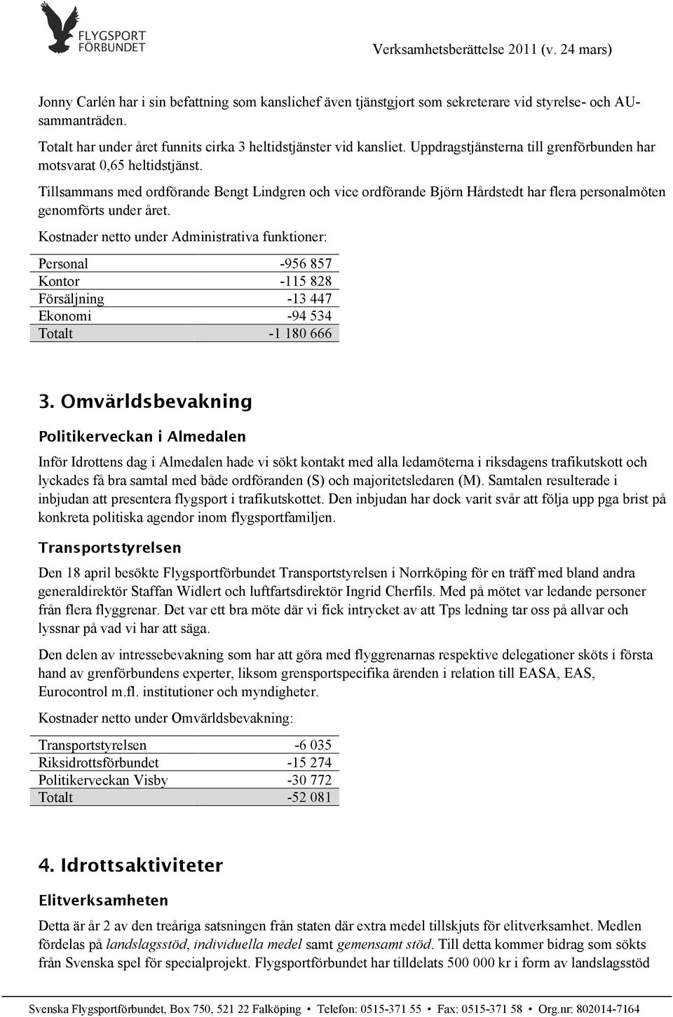 Kostnader netto under Administrativa funktioner: Personal -956 857 Kontor -115 828 Försäljning -13 447 Ekonomi -94 534 Totalt -1 180 666 3.