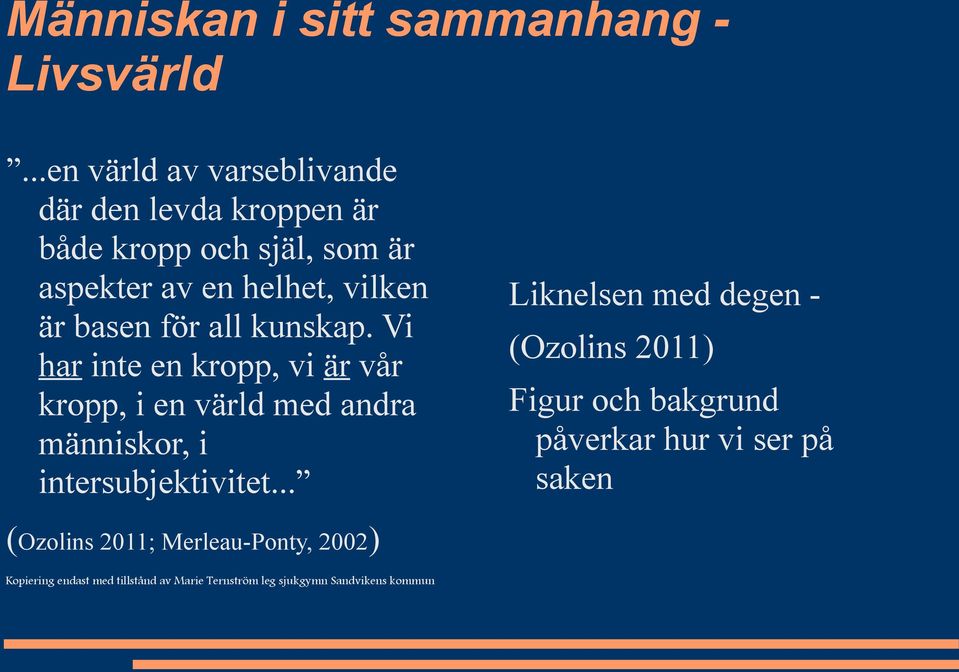 basen för all kunskap. Vi har inte en kropp, vi är vår kropp, i en värld med andra människor, i intersubjektivitet.