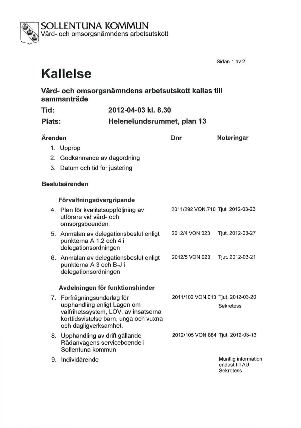 Plan för kvalitetsuppföljning av 2011/292 VON.71 o Tjut. 2012-03-23 utförare vid vård- och omsorgsboenden 5. Anmälan av delegationsbeslut enligt 2012/4 VON 023 Tjut.