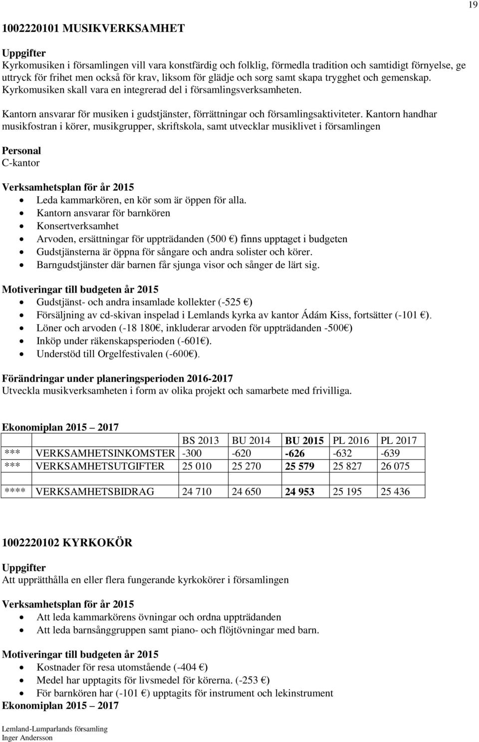 Kantorn handhar musikfostran i körer, musikgrupper, skriftskola, samt utvecklar musiklivet i församlingen C-kantor Leda kammarkören, en kör som är öppen för alla.