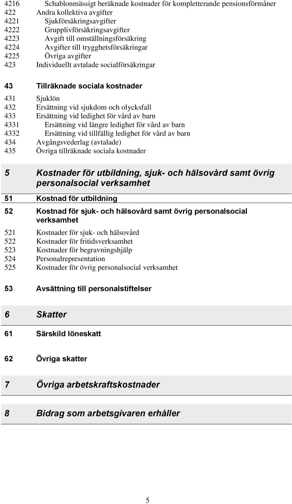 sjukdom och olycksfall 433 Ersättning vid ledighet för vård av barn 4331 Ersättning vid längre ledighet för vård av barn 4332 Ersättning vid tillfällig ledighet för vård av barn 434 Avgångsvederlag