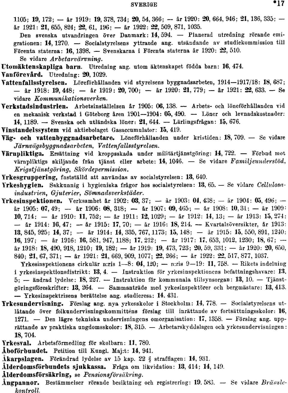 Svenskarna i Förenta staterna år 1920: 22, 510. Se vidare Arbetarvärvning. Utomäktenskapliga barn. Utredning ang. utom äktenskapet födda barn: 16, 474. Vanförevård. Utredning: 20, 1029.