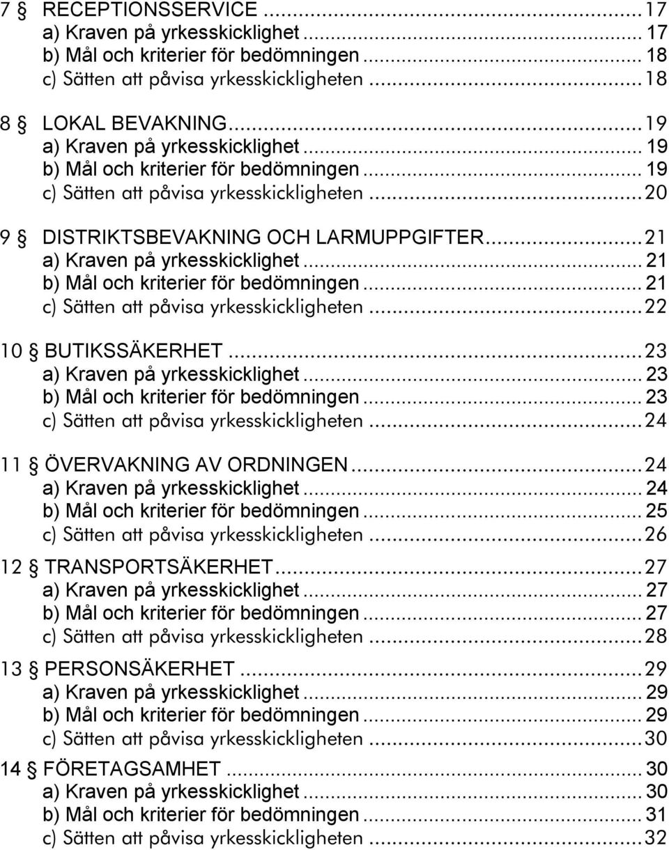 .. 21 b) Mål och kriterier för bedömningen... 21 c) Sätten att påvisa yrkesskickligheten...22 10 BUTIKSSÄKERHET...23 a) Kraven på yrkesskicklighet... 23 b) Mål och kriterier för bedömningen.