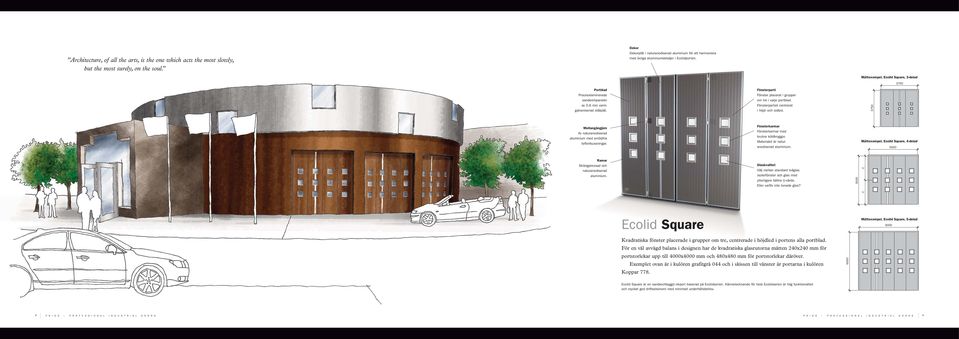 Måttexempel, Ecolid Square, 3-delad sandwichpaneler av 0,6 mm varm - galva niserad stålplåt. Fönsterparti Fönster placerat i grupper om tre i varje portblad.