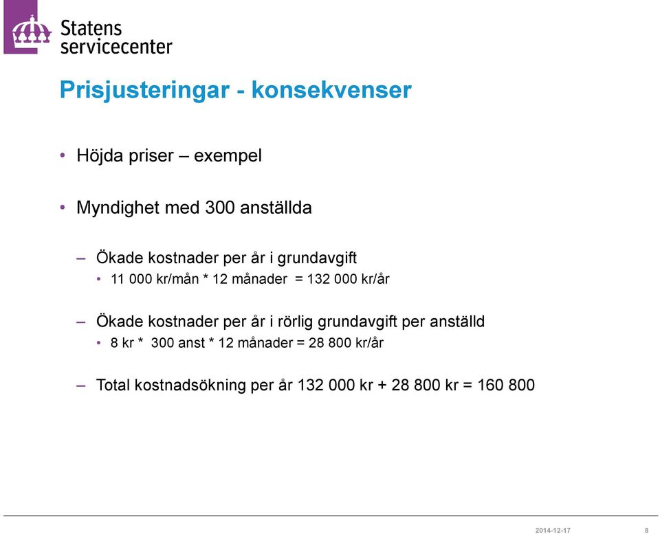 Ökade kostnader per år i rörlig grundavgift per anställd 8 kr * 300 anst * 12