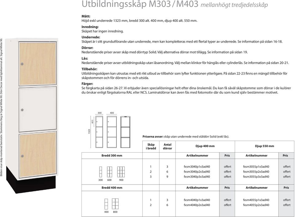 Se information på sidan 6-8. Dörrar: Nedanstående priser avser skåp med dörrtyp Solid. Välj alternativa dörrar mot tillägg. Se information på sidan 9.