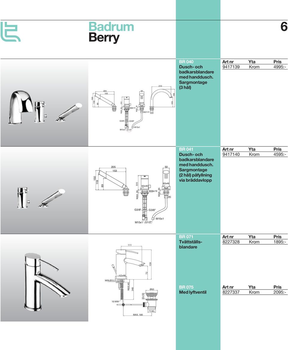 35 W27x19 G3/8" G3/8" M15x1 G1/2" M15x1 119 150 89 205 153 111 62x46 50 62x46 BR 041 Dusch- och badkarsblandare med handdusch.