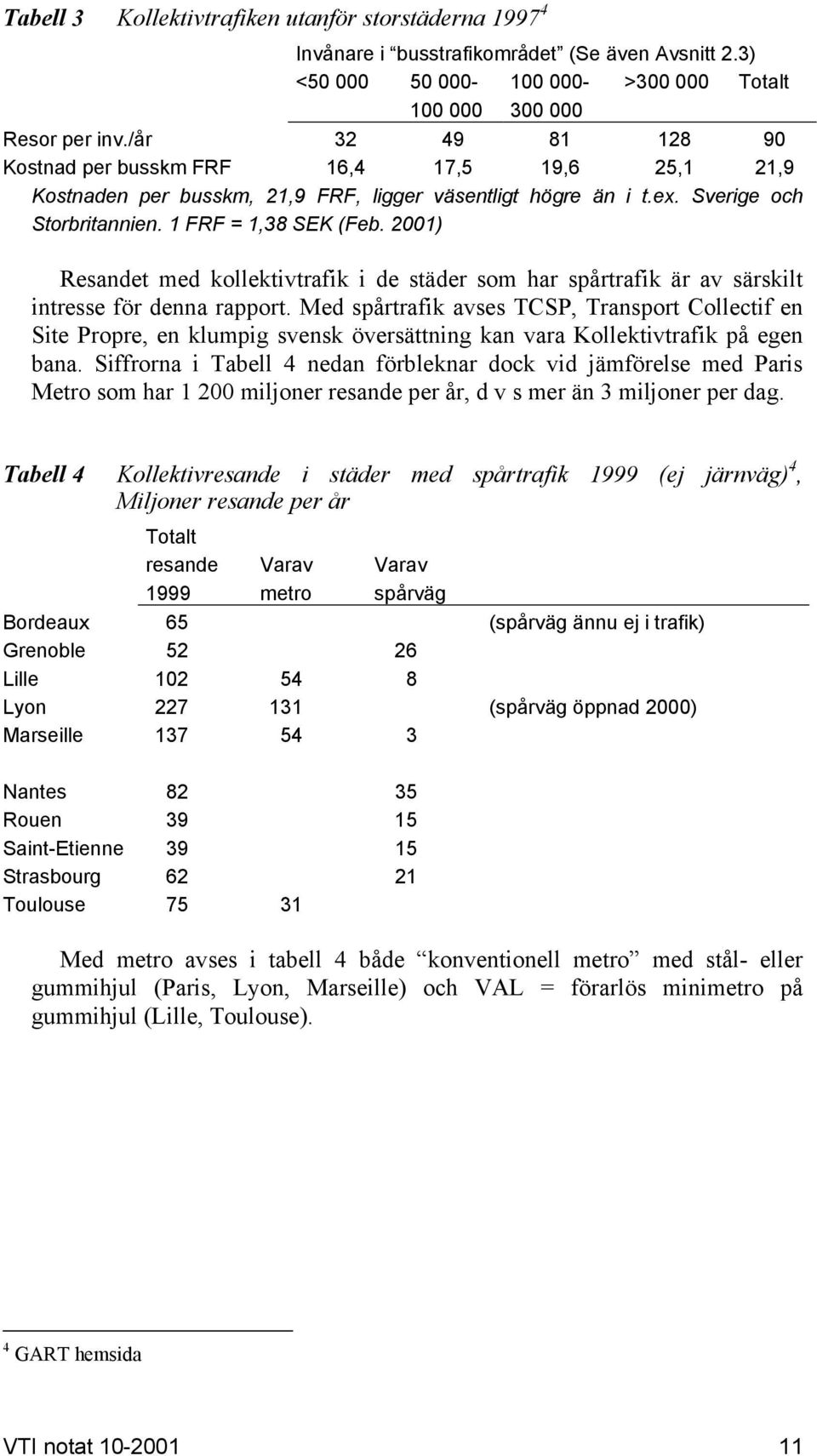 2001) Resandet med kollektivtrafik i de städer som har spårtrafik är av särskilt intresse för denna rapport.