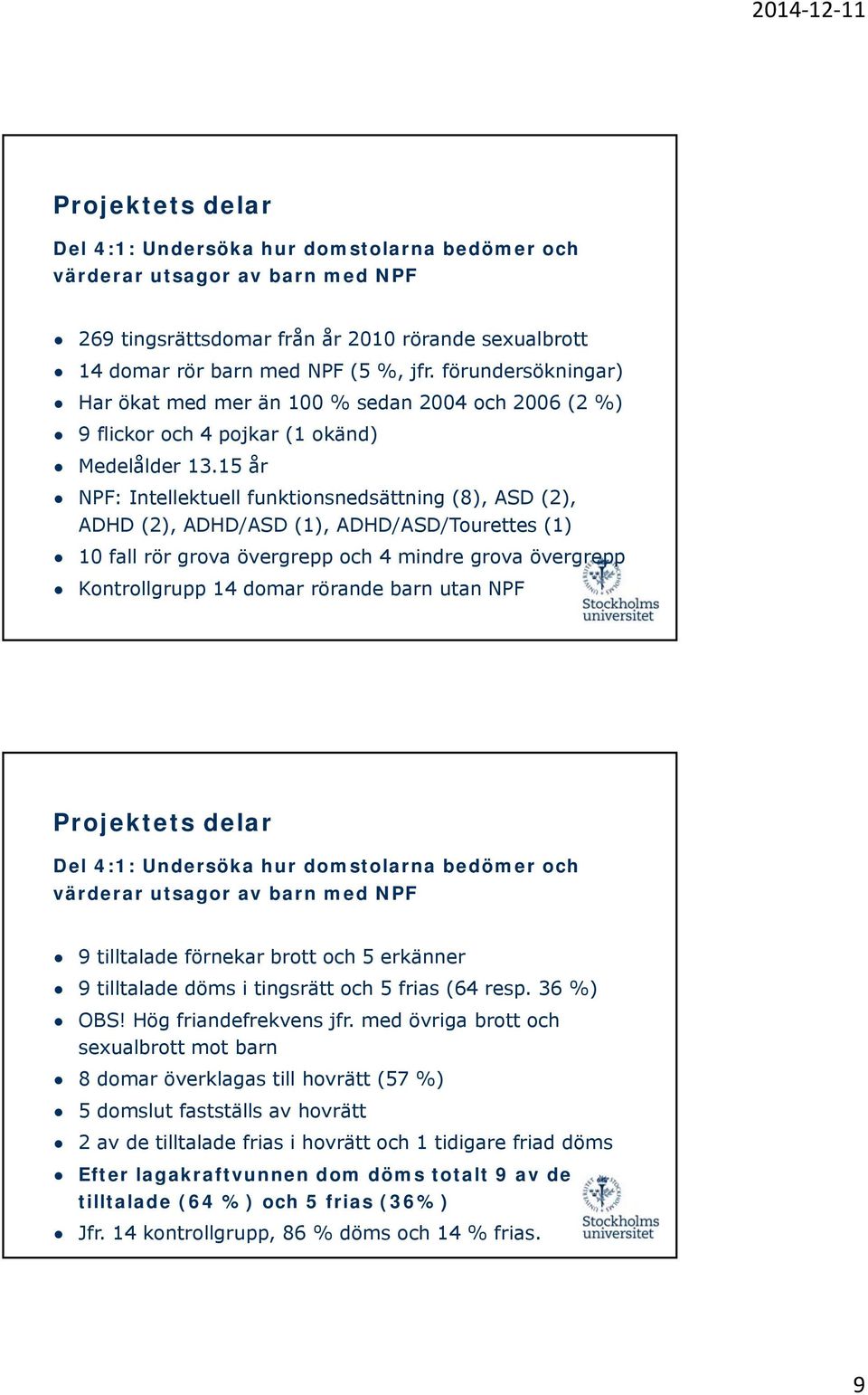 15 år NPF: Intellektuell funktionsnedsättning (8), ASD (2), ADHD (2), ADHD/ASD (1), ADHD/ASD/Tourettes (1) 10 fall rör grova övergrepp och 4 mindre grova övergrepp Kontrollgrupp 14 domar rörande barn