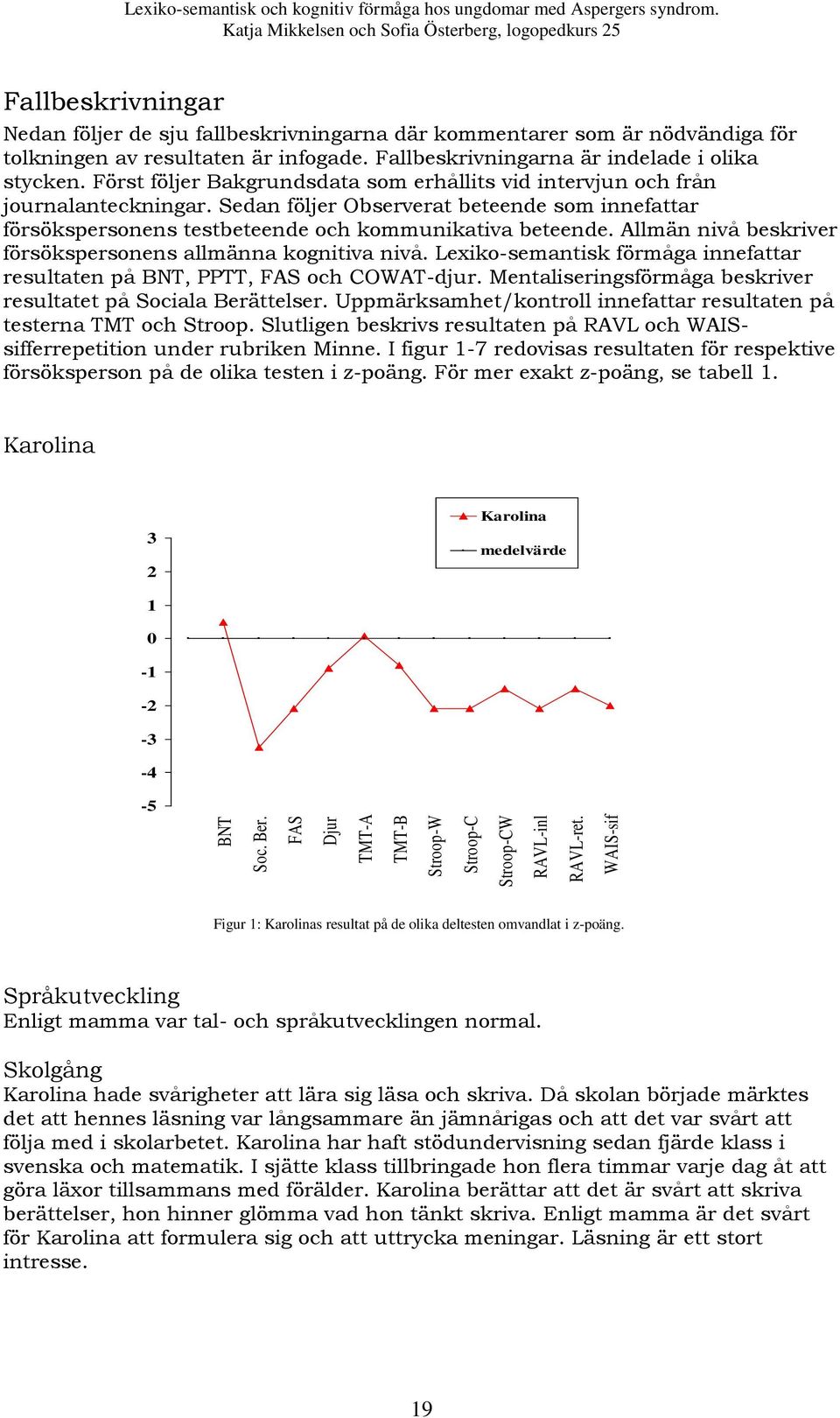 Allmän nivå beskriver försökspersonens allmänna kognitiva nivå. Lexiko-semantisk förmåga innefattar resultaten på BNT, PPTT, FAS och COWAT-djur.