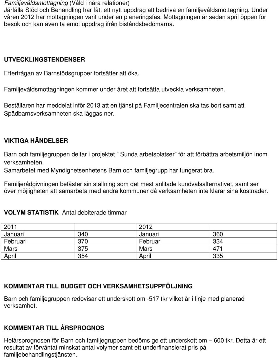 UTVECKLINGSTENDENSER Efterfrågan av Barnstödsgrupper fortsätter att öka. Familjevåldsmottagningen kommer under året att fortsätta utveckla verksamheten.