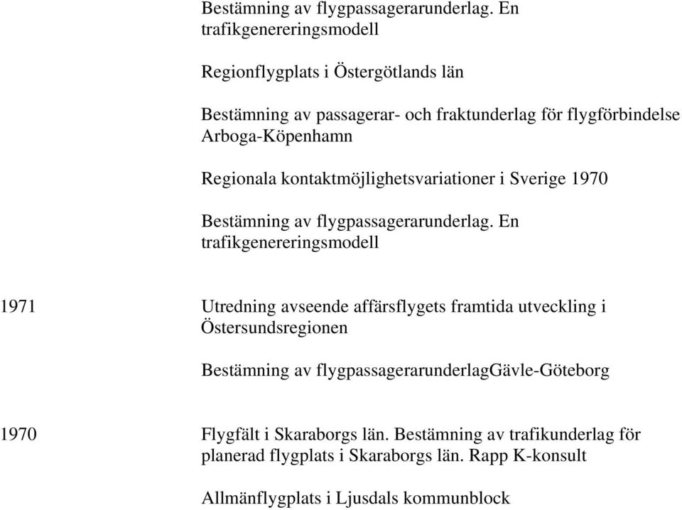 Regionala kontaktmöjlighetsvariationer i Sverige 1970  En trafikgenereringsmodell 1971 Utredning avseende affärsflygets framtida utveckling i