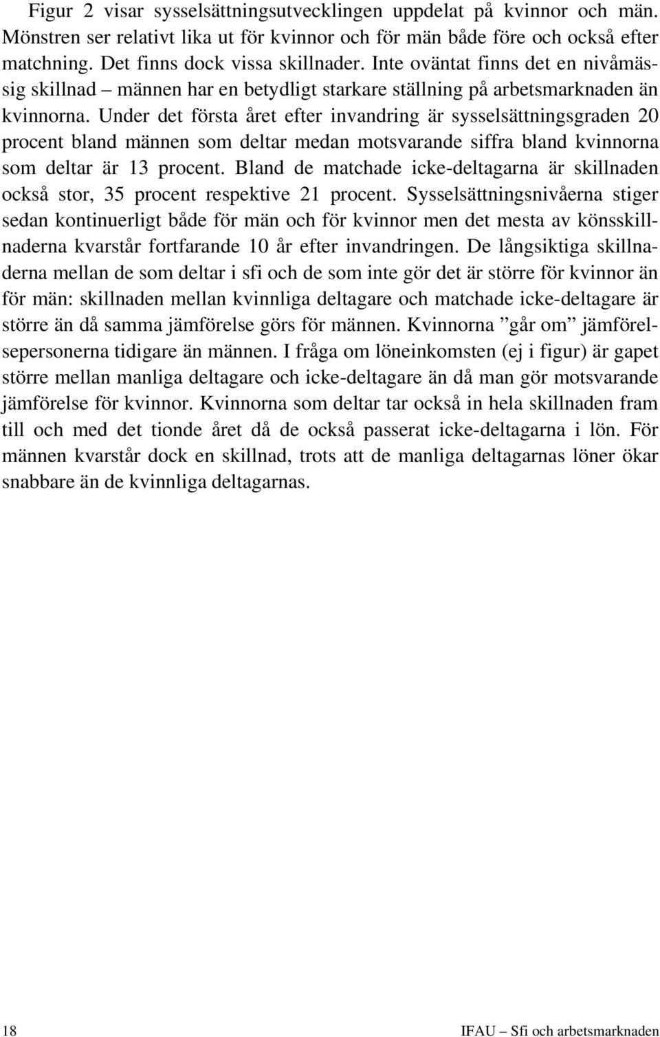 Under det första året efter invandring är sysselsättningsgraden 20 procent bland männen som deltar medan motsvarande siffra bland kvinnorna som deltar är 13 procent.