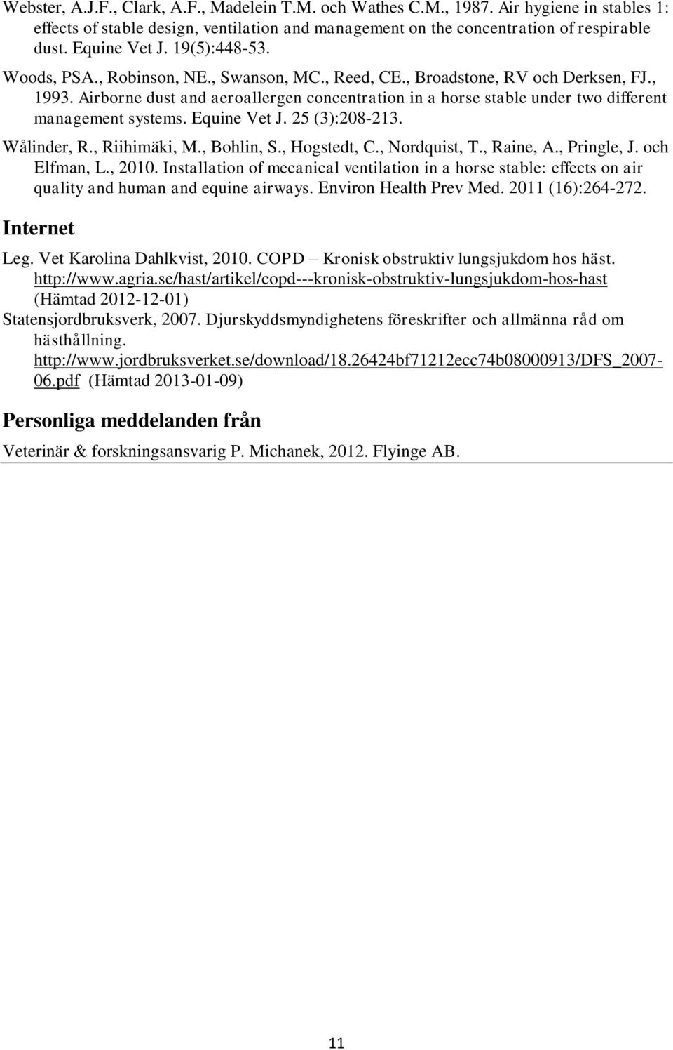 Airborne dust and aeroallergen concentration in a horse stable under two different management systems. Equine Vet J. 25 (3):208-213. Wålinder, R., Riihimäki, M., Bohlin, S., Hogstedt, C.