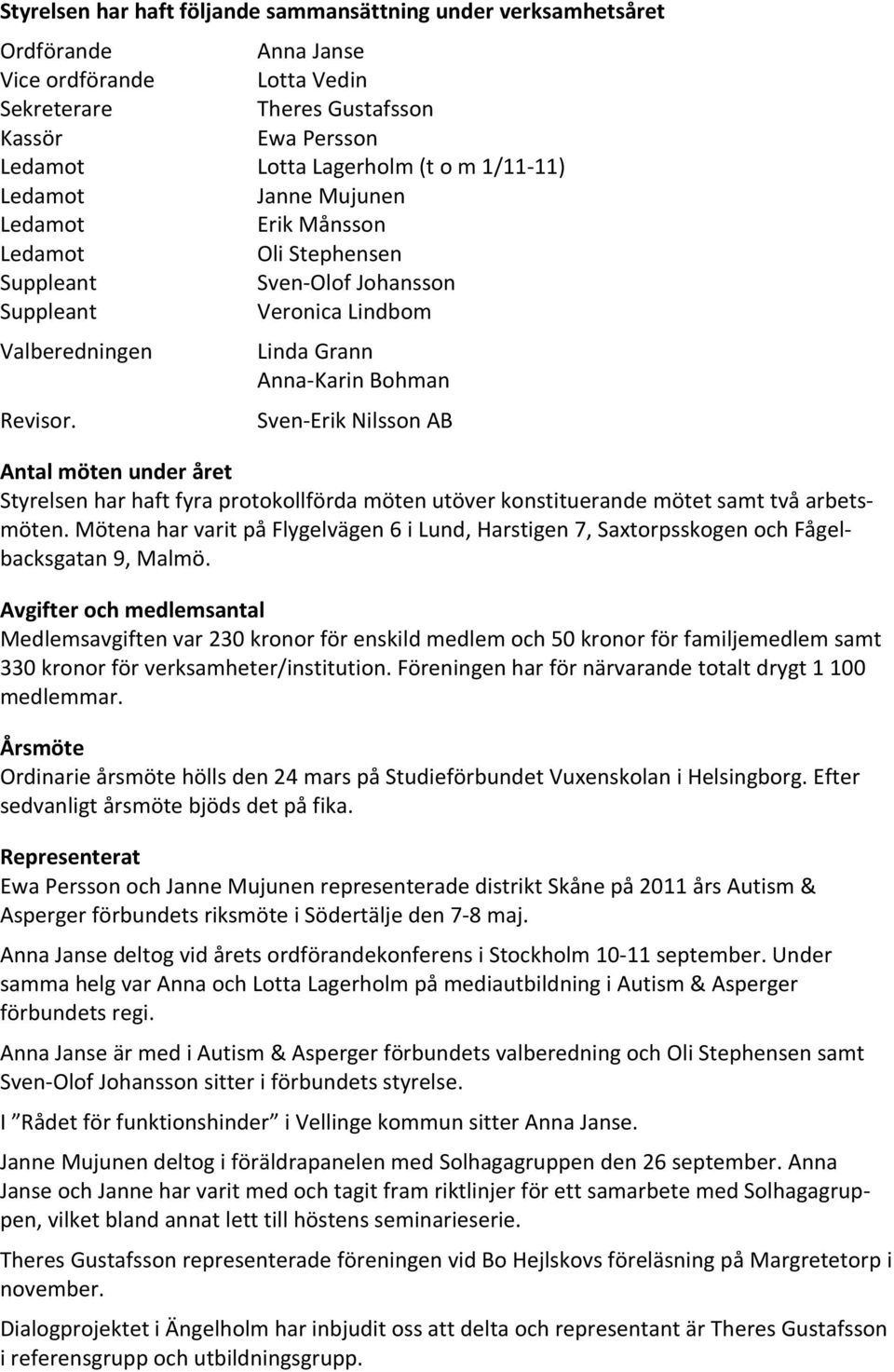 Sven-Erik Nilsson AB Antal möten under året Styrelsen har haft fyra protokollförda möten utöver konstituerande mötet samt två arbetsmöten.