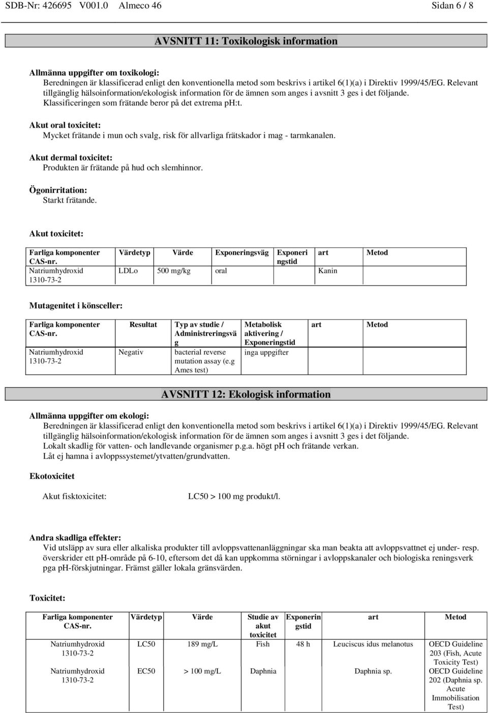 1999/45/EG. Relevant tillgänglig hälsoinformation/ekologisk information för de ämnen som anges i avsnitt 3 ges i det följande. Klassificeringen som frätande beror på det extrema ph:t.