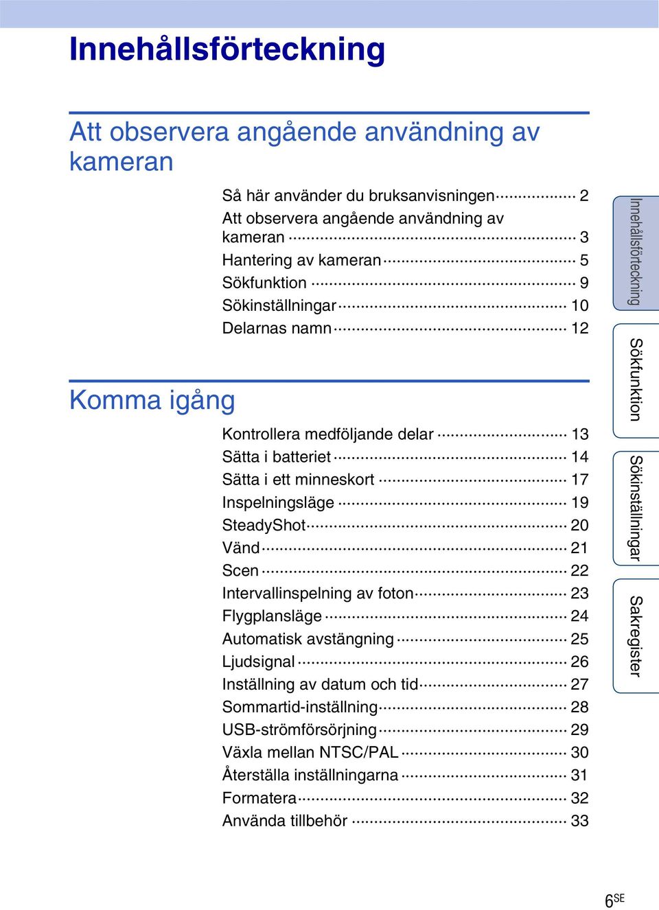 minneskort 17 Inspelningsläge 19 SteadyShot 20 Vänd 21 Scen 22 Intervallinspelning av foton 23 Flygplansläge 24 Automatisk avstängning 25 Ljudsignal 26