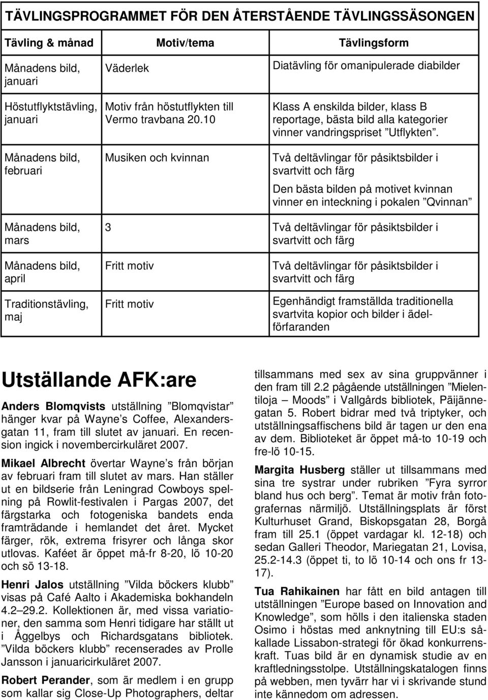 10 Musiken och kvinnan Diatävling för omanipulerade diabilder Klass A enskilda bilder, klass B reportage, bästa bild alla kategorier vinner vandringspriset Utflykten.