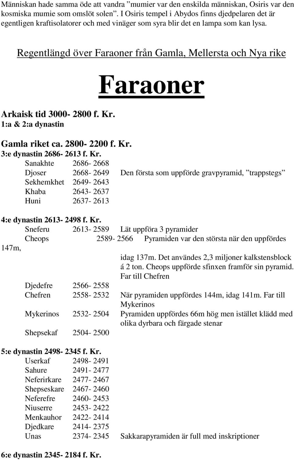 Regentlängd över Faraoner från Gamla, Mellersta och Nya rike Arkaisk tid 3000-2800 f. Kr.