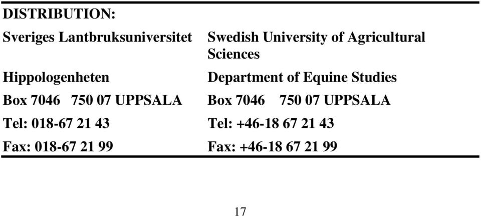 07 UPPSALA Hippologenheten Box 7046 750 07 UPPSALA Tel: 018-67 21