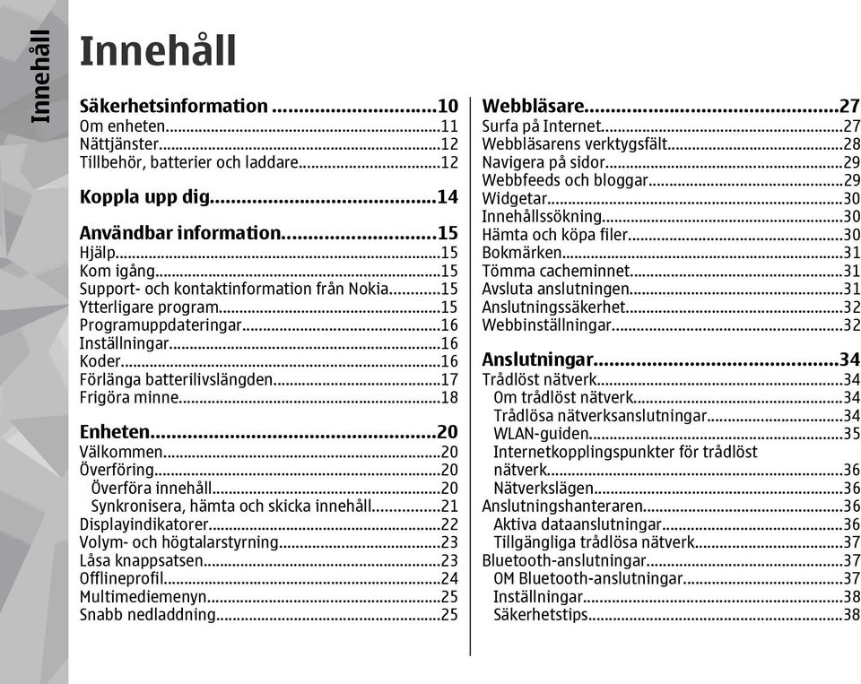 ..20 Välkommen...20 Överföring...20 Överföra innehåll...20 Synkronisera, hämta och skicka innehåll...21 Displayindikatorer...22 Volym- och högtalarstyrning...23 Låsa knappsatsen...23 Offlineprofil.