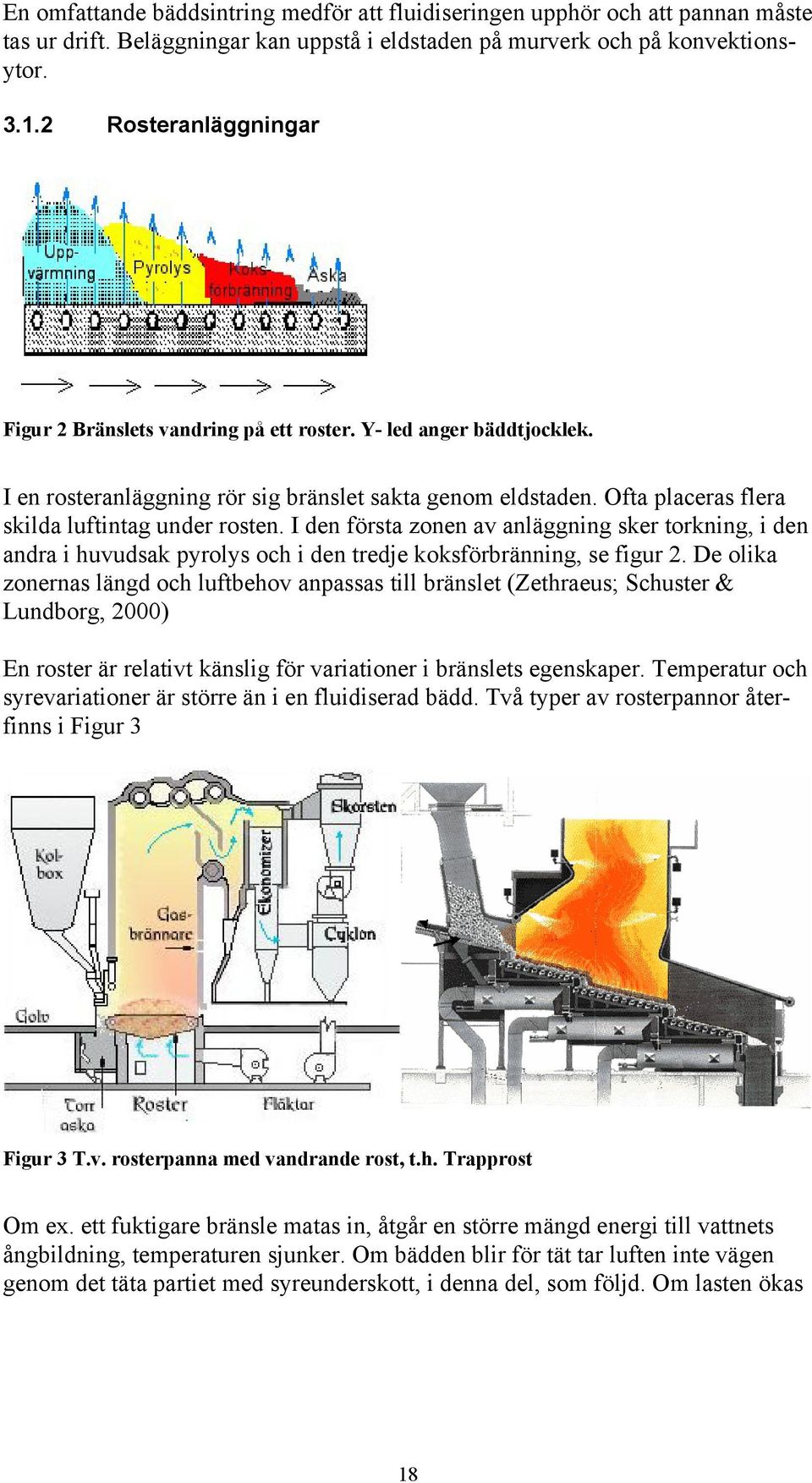 Ofta placeras flera skilda luftintag under rosten. I den första zonen av anläggning sker torkning, i den andra i huvudsak pyrolys och i den tredje koksförbränning, se figur 2.