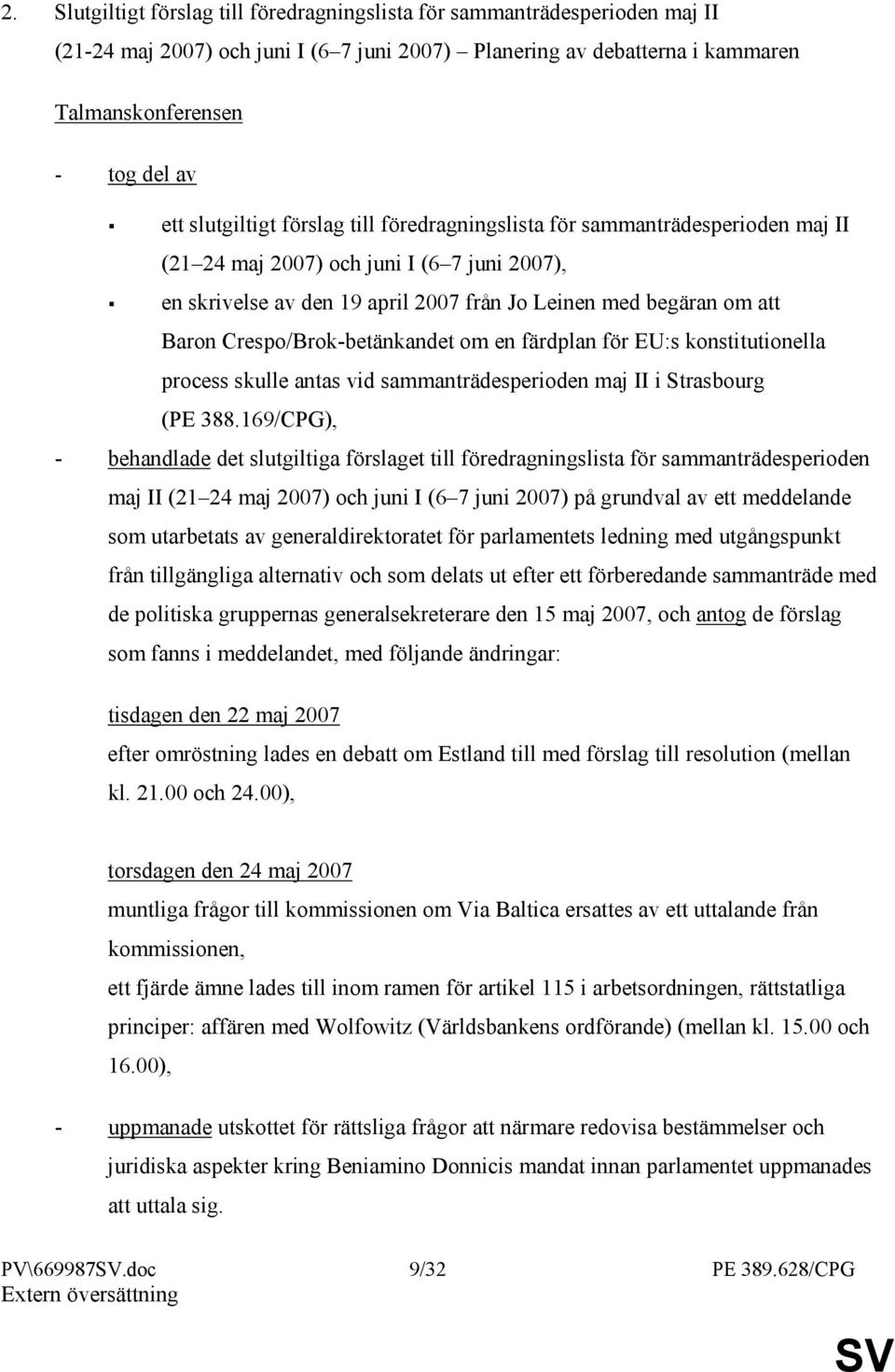 Crespo/Brok-betänkandet om en färdplan för EU:s konstitutionella process skulle antas vid sammanträdesperioden maj II i Strasbourg (PE 388.